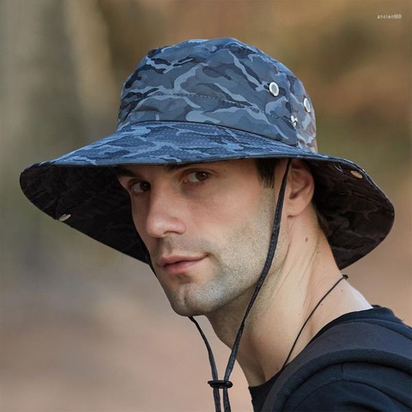 Chapéus de aba larga masculino boné panamá respirável de secagem rápida verão ao ar livre proteção solar pesca acampamento camuflagem chapéu de pescador