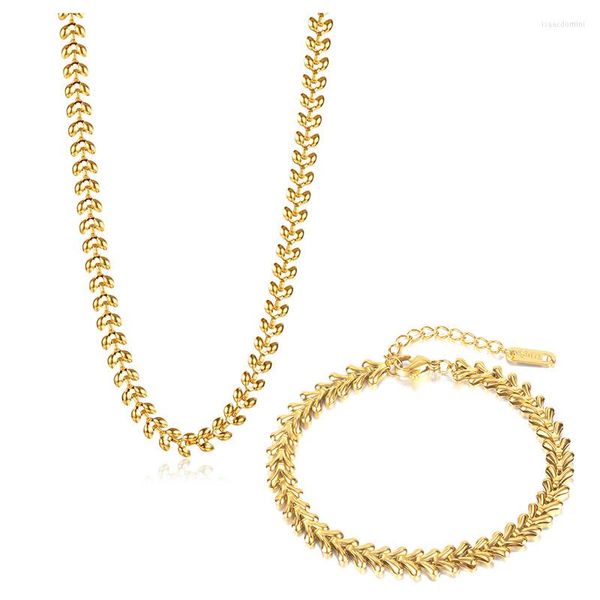 Collana Orecchini Set Acciaio Inossidabile 316L Design a forma di V Bracciale a catena con spighe di grano Collezione Wedding