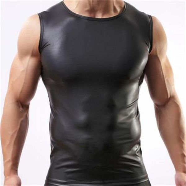 Männer Tank Tops Schwarz Farbe Weste Männer Sexy Kunstleder Feste Männliche Unterwäsche Slim Wear Ärmelloses Singlet 230713