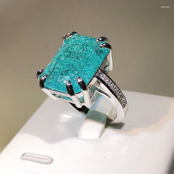 Cluster Rings Flowers Green Gemstone For Women Fashion Rectangle Paraiba Simples And Elegant Engagement 925 Silver Jewelry