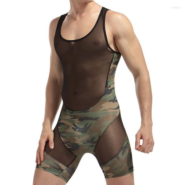 Regatas masculinas Roupa íntima masculina sexy Body Macacão Bodywear Wresing Singlet Undershirts Shapers Camuflagem