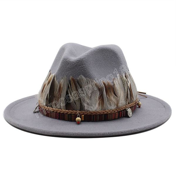 Chapéus de feltro de lã macia flexível aba larga fedora para mulheres homens boné jazz com penas senhora inverno chapéu panamá