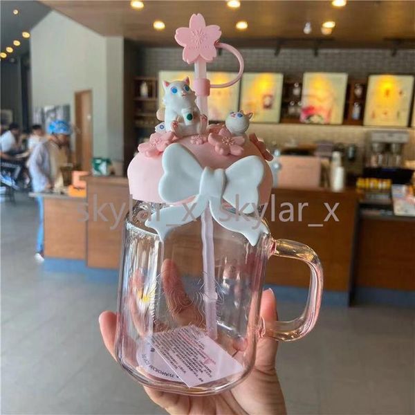 600 мл розовая сакура милая кошка Starbucks Strail Mugs Glass Cold Drink Cup Gired Product1976