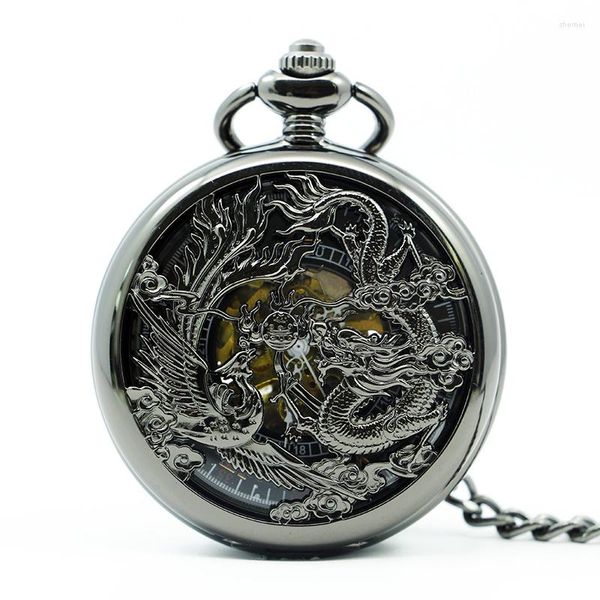 Relógios de bolso requintados, dragão voador, fênix, relógio mecânico em relevo, vintage, colar, pingente, corrente, presente masculino