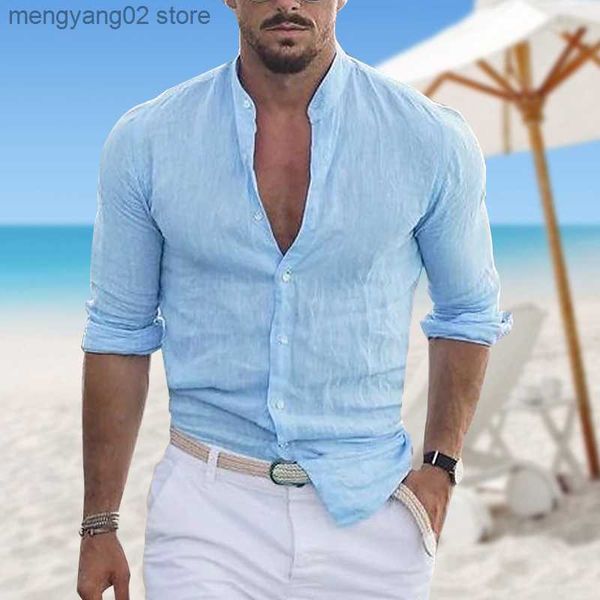 Camicie casual da uomo Y2K Camicia estiva da uomo in lino da spiaggia in bianco e nero manica lunga tinta unita rosa collo alto Hawaii Vacation Top oversize T230714