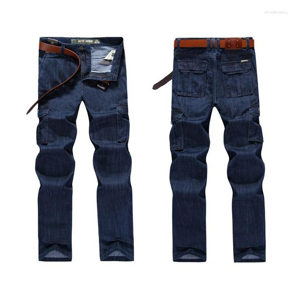 Herren Jeans Straight Men Casual Herren Taktische Hosen Multi-Pockets Cargo Loose Solid Denim Plus Größe 29-44
