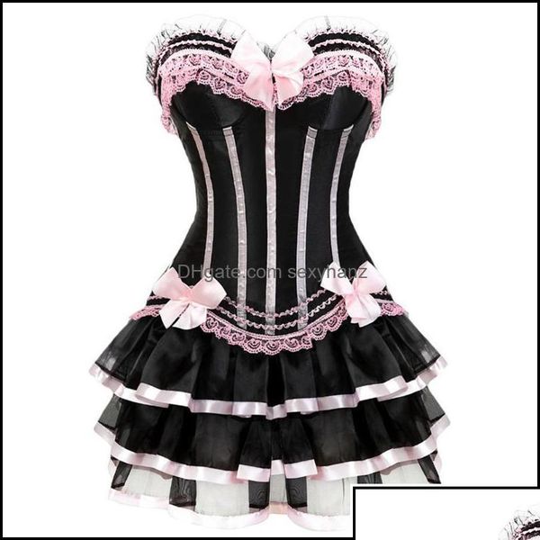 Bustiers Korsetts Damen Unterwäsche Bekleidung Sexy Gothic Burlesque Korsett und Rock Set Plus Size Halloween Kostüme V Dhkh3