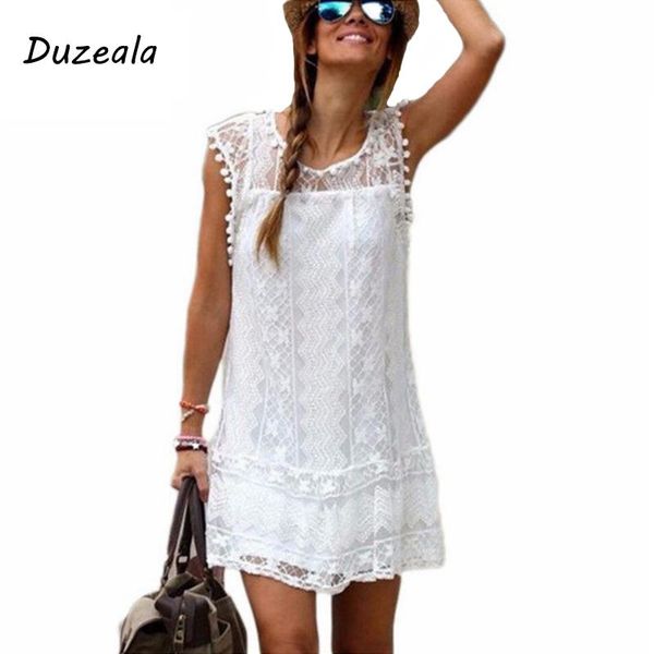 Conjunto Duzeala Vestido de praia de verão quente sexy feminino casual sem mangas praia vestido curto borla sólido branco mini vestido de renda
