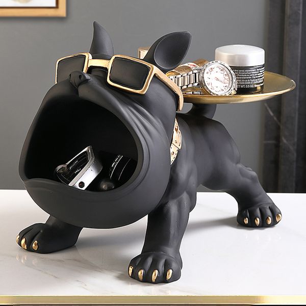 Oggetti decorativi Figurine Ornamento per cani Bocca grande Bulldog francese Butler Scatola portaoggetti con vassoio Decorazione da tavola nordica Scultura animale in resina Statua 230714