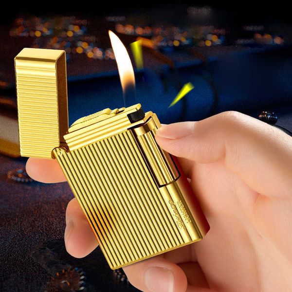 Metal Stripe Loud Lighter Sıradışı Dayanaklar Sigara Yaratıcı Tekerlek Bütan Gaz Açık Ateş Square 5QW3