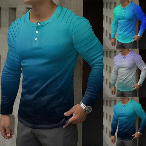 Camisetas masculinas masculinas tendência casual gola redonda botão fino manga comprida manga gradiente camisa de compressão túnicas masculinas para