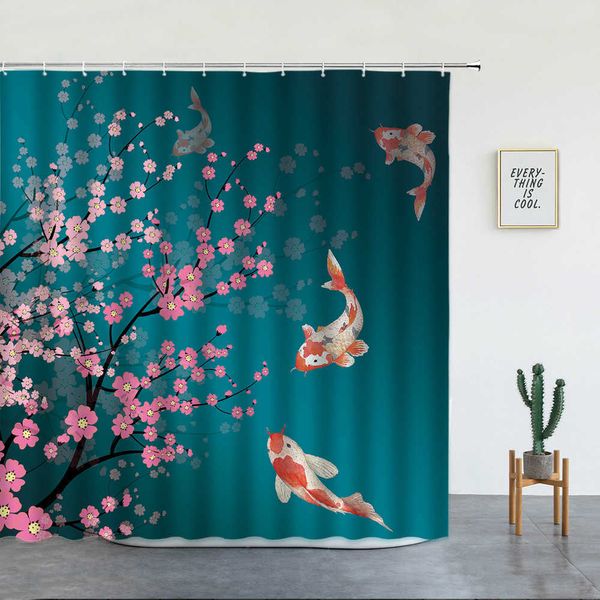 Cortinas de chuveiro cenário cortinas de chuveiro koi carpa peixe e flor de cerejeira para decoração do banheiro conjunto lavável tela de banho com