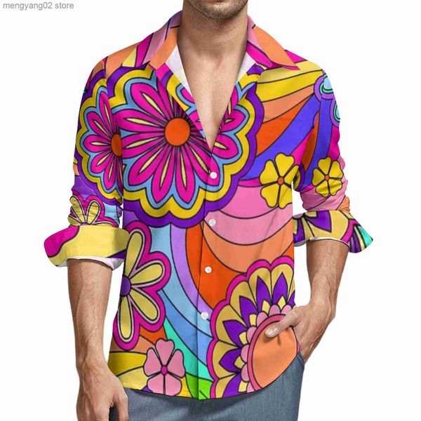 Мужские повседневные рубашки цветочные мощные рубашка осень -ритм хиппи ретро повседневные рубашки модные блузки с длинным рукавом дизайн уличного стиля плюс размер T230714