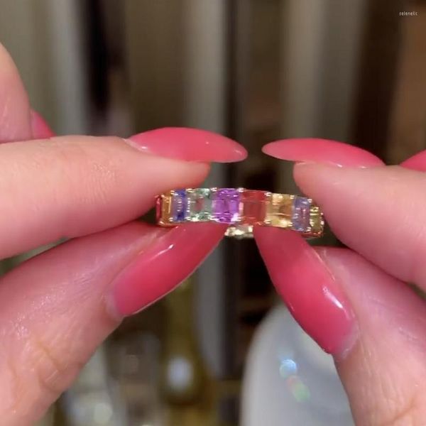 Küme halkaları çok renkli bant yüzük parmak 925 STERLING Gümüş Kokteyl Safir Ruby Peridot Kunzite Topaz Taş Kadın Mücevherleri