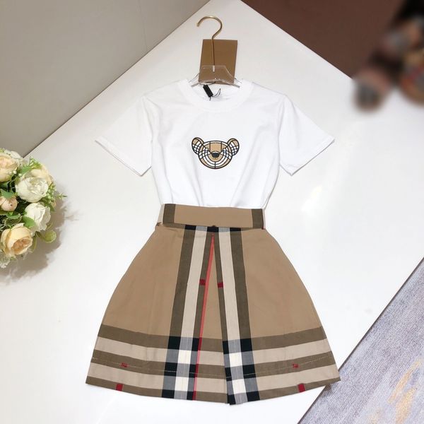 Girls Dresses Kids Plaid Short Sleeve Clothes Sets Striped Designer Pleated tshirts Skirt Children Youth Casual Clothing Big Toddler T-shirts White Bl E59K#