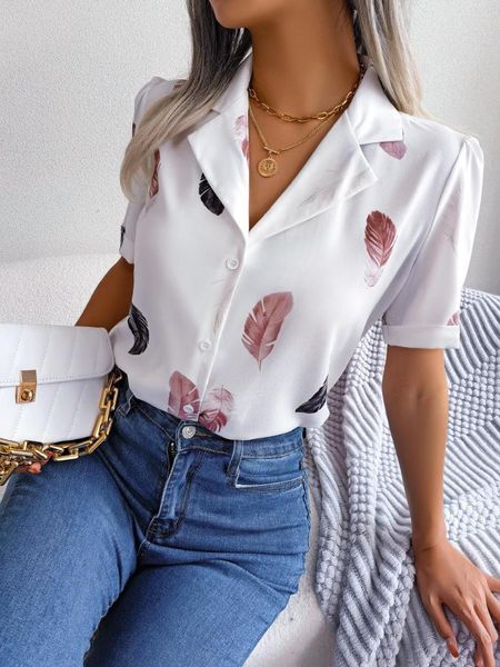 Camicette da donna Estate Donna Elegante Camicia ampia con stampa di piume Top Moda casual Manica corta Colletto con risvolto Camicetta con bottoni Streetwear