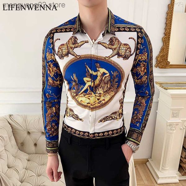 Camisas casuais masculinas LIFENWENNA Gold Leopard Print Shirt Men Masculina Manga Longa Slim Fit Camisas Casuais Summer New Mens Club Social Top 6XL T230714