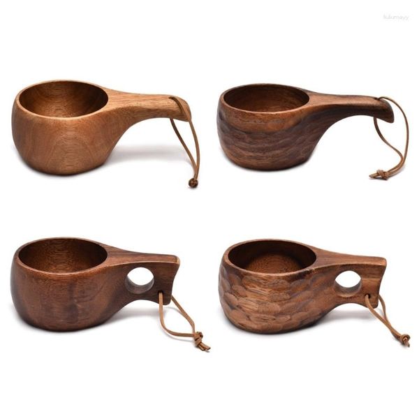 Tazze Piattini Finlandia Kuksa Tazza da caffè portatile Manico in legno di acacia Corda di pelle bovina Gancio Succo Tazza di latte Bere Bicchieri