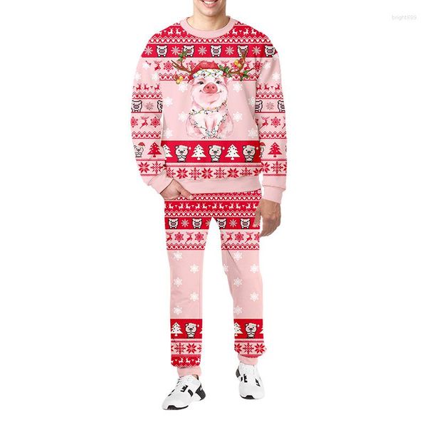 Agasalhos Masculinos Camisolas de Natal Agasalhos Roupas Casais Impressão 3D Piggy Rosa Família Sweetshirts Com Calças 2 Peças Conjuntos Grande 6XL