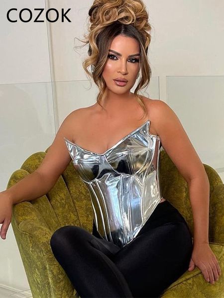 Tanques de mujer Camis Summer Strapless Top Mujer Sexy de cuero sin mangas con cremallera Silver Business Tube Top Tight Chest Y2K Backless Party Club Dress 230714