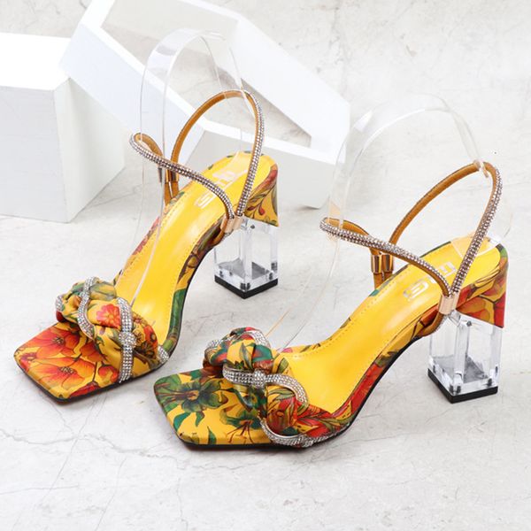 Sandálias femininas verão 8,5 cm salto alto sandálias senhora gladiadora amarelo bloco salto baixo cristal fetiche baile boate plus size flor sapatos 230714