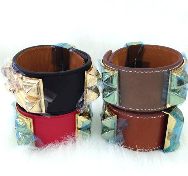 Icona della moda più recente Bracciali Quattro rivetti Bracciali larghi in pelle di vacchetta Donna Uomo Oro Argento Stile punk CDC Larghezza 3,8 cm Bracciale Gioielleria raffinata