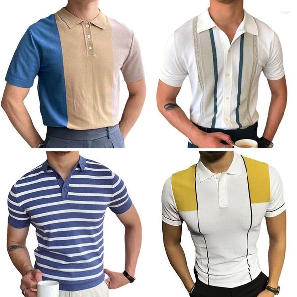 Erkek Polos Erkekler İçin Sıradan Tişört Retro Örme Polo Gömlek Kısa Kollu Vintage Bowling Kore Giyim Moda Giysileri