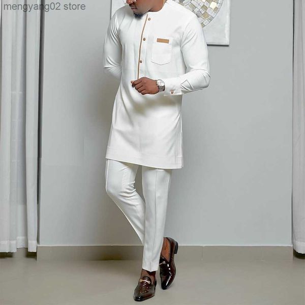 Tute da uomo 2023 Pantaloni eleganti da uomo nuovi 2 pezzi Business Formal Classic Tinta unita Girocollo Abbigliamento Social Suit Stile nazionale africano T230714