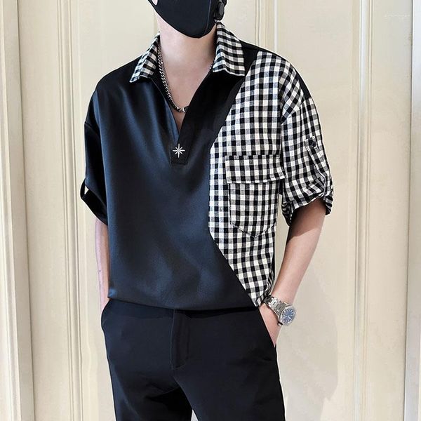 Camisas casuais masculinas moda coreana camisa xadrez patchwork masculina solta manga curta pulôver social streetwear roupas 2023 verão