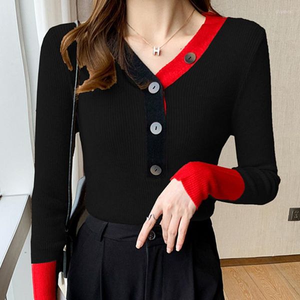 Camisolas femininas Colorblock feminino com decote em V fino botões coreanos moda pulôver branco de malha tops feminino outono inverno 2023 roupas femininas