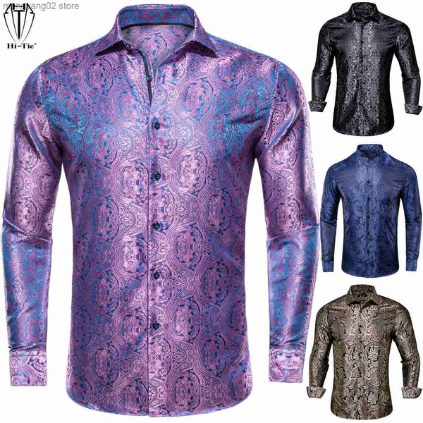 Camisas Casuais Masculinas Hi-Tie Novas Camisas Masculinas de Seda Manga Comprida Slim Fit Dourado Azul Vermelho Bege Borgonha Rosa Roxo Cinza Camisa Para Homens Alta Qualidade T230714