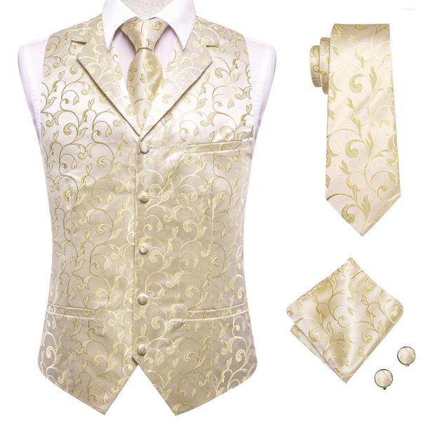 Herrenwesten Hi-Tie Beige Seide Herren Krawatte Einstecktuch Manschettenknöpfe Set Flacher Kragen Jacquard Blumenweste ärmellos für männliches Hochzeitsgeschäft