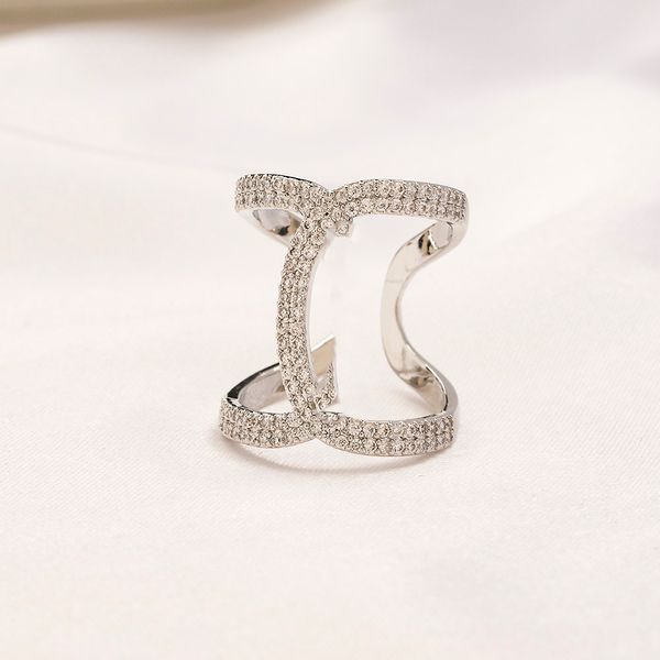 Anel de carta de marca banhado a ouro real de aço inoxidável anéis de banda aberta designer de moda anel de cristal de strass de luxo para mulheres joias de casamento presentes