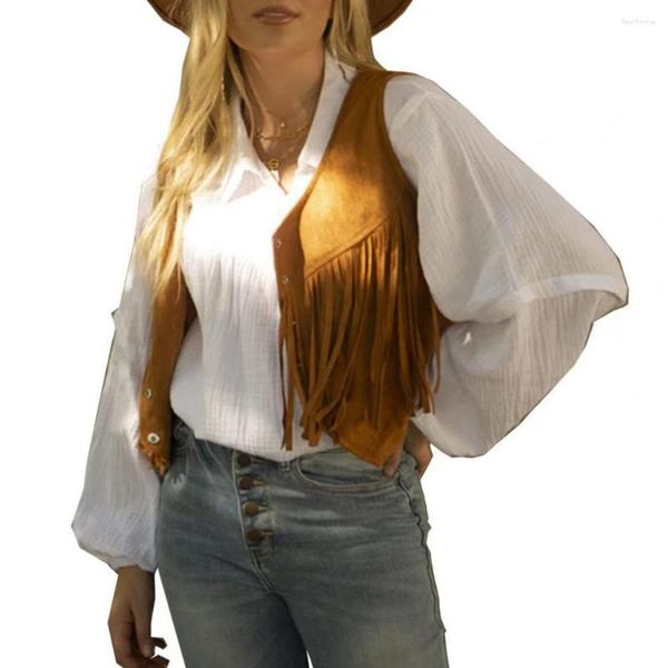 Kadın Yelekleri Kadınlar Batı saçak püskül hırka kolsuz tek göğüslü v boyun düz renkli kısa retro hippi giysileri ceket bayan