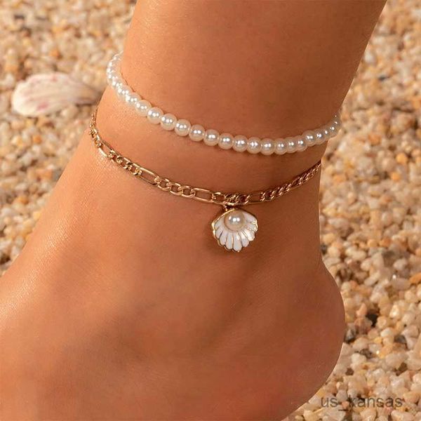 Charm Bracelets Summer Beach Multilayer Rice Beads Chain Shell Tornozeleira Feminina Pearl Turtle Bracelet On Leg Foot Conjunto de Jóias R230714