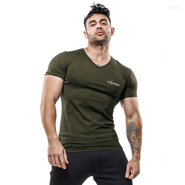 Camisetas masculinas de algodão de marca, tops modernos com decote em V, manga curta, camiseta confortável, casual, respirável