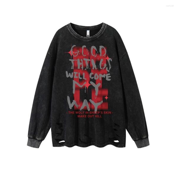 Herren T-Shirts Ripped Hemd Hip Hop Streetwear gewaschen schwarz rote Graffiti Gothic Letters Grafikdruck T-Shirt Männer Baumwolle Langarm T-Shirt