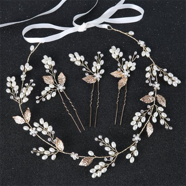 Fashion Pearl Leaf Hair Band Girl Handmade Gold Hairpin Hairpin Set Bridal Hair Ornament Headwear