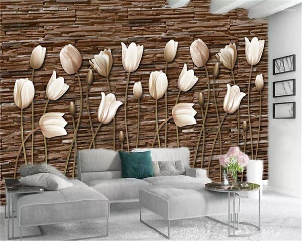 Sfondi Classic 3d Wallpaper Stone Wall Bellissimi tulipani Stampa digitale HD decorativo