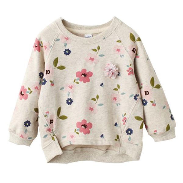 Kinder-Pullover mit Blumenmuster, U-Boot-Ausschnitt, lange Ärmel, Baby-Designer-Kleidung für Kleinkinder, Frühling und Sommer, schwingender Saum, kurze Vorderseite, lange Rückseite
