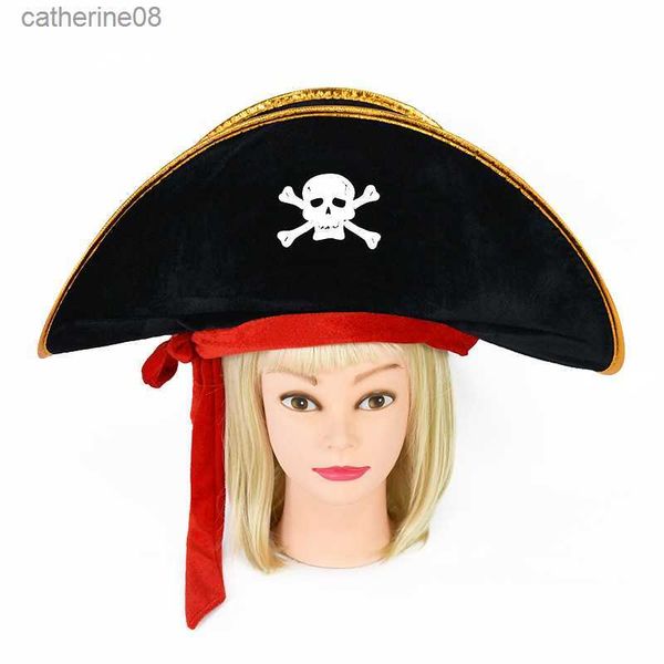 Cappello da pirata di Halloween Stampa teschio Capitano pirata Cappello da pirata caraibico Puntelli per feste Costume cosplay Cap Dress-up Tema Fancy Dress L230621