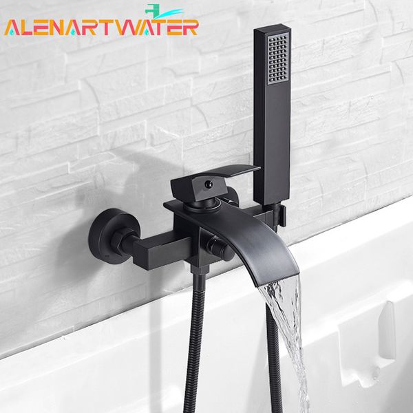 Banyo lavabo musluklar siyah şelale küvet musluk duvar montaj küvet spout soğuk su abs handshower mikser musluk banyo duş 230713