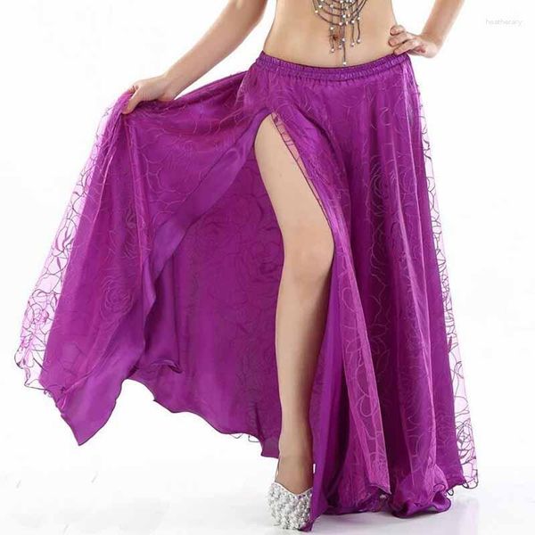 Стадия ношения прибытие боковая танцевальная юбка для живота для женщин Сексуальные атласные танцевальные костюмы показывают 9 цветов