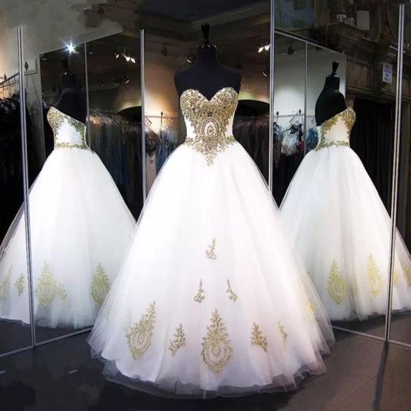 Vestidos de Noiva Branco e Dourado Imagem Real Novos Cristais de Luxo Strass Querida Linha A Tule Vestidos de Noiva Vestios De Casamento 238V