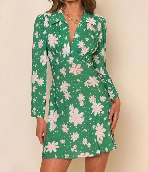 Abiti casual Mini abito verde a maniche lunghe con colletto rovesciato stampato floreale da donna