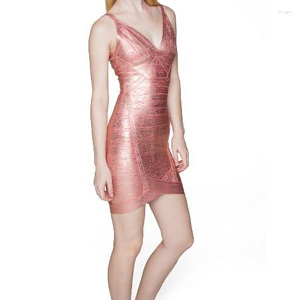 Повседневные платья летние женщины Bodycon Bangage платье vestidos прибывает розовая фольга для печати черной взлетно -посадочной полосы вечеринка V Cut Cut
