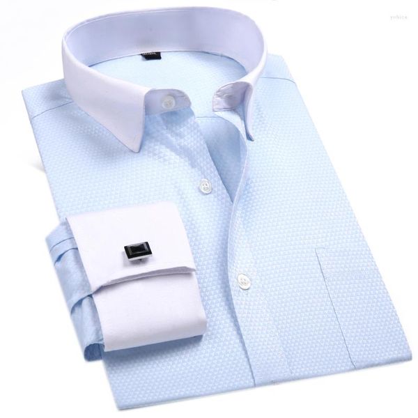 Camisas Masculinas Masculinas Camisa Masculina Punho Francês Sólido Azul Céu Social Formal Primavera Verão Manga Longa Dobby 40% Algodão FS16