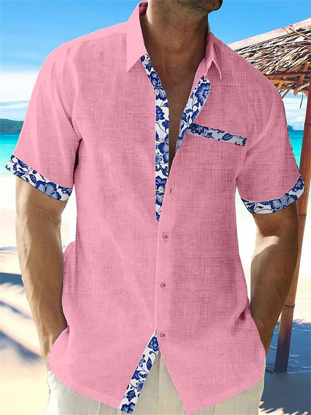 Camisas casuais masculinas moda verão camisa de linho havaiana casual renda impressa bolso de praia manga curta jaqueta plus size 5 cores 230713