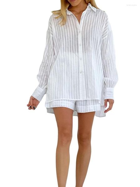 Damen-Trainingsanzüge, lässiges 2-teiliges Outfit-Set für Damen, stilvolle Kombination aus langärmligem Button-Down-Hemd und Shorts mit hoher Taille für einen schicken Look