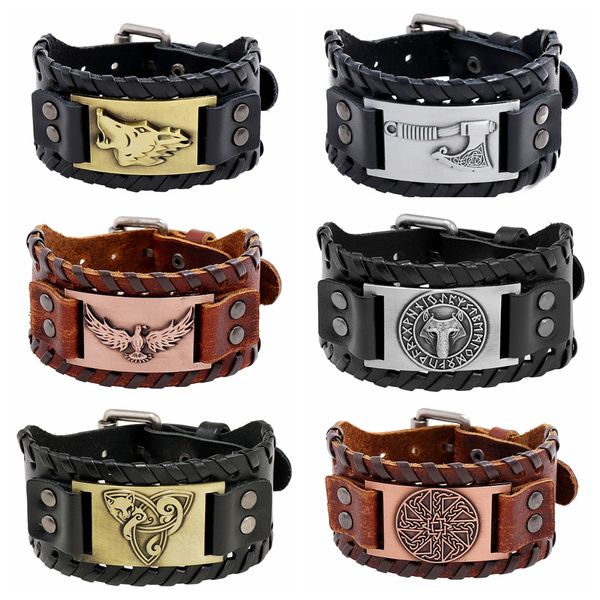 NJew Arrival Retro Viking Couro Genuíno Trançado Cuff Cadeia Pulseiras Para Homens Mulheres Pulseira Jóias Acessórios Atacado